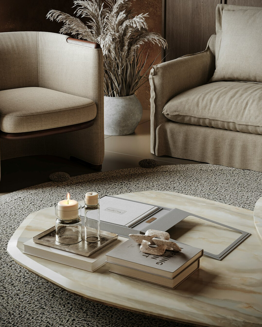 Sunny living room corner with an armchair, a small table, a notebook and a cup of mate